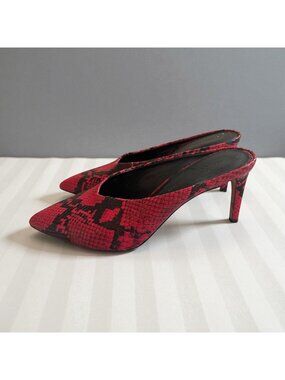 REBECCA MINKOFF Red Black Snake Print Mules Heels Size 7